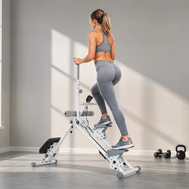 SPORTNOW 2-in-1 Ab Machine and Stair Stepper, Foldable Ab Trainer and Climbing Machine with LCD Monitor for Home Gym, White