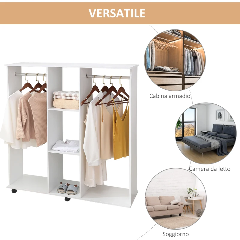 HOMCOM Armadio Guardaroba a Rotelle con 2 Barre e 3 Ripiani Aperti, in Legno e Alluminio, 120x40x128 cm, Bianco