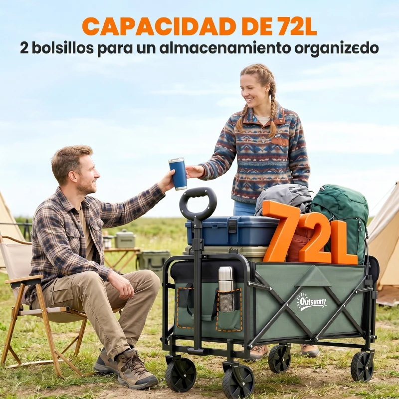 Outsunny Carro de Jardín Plegable con Mango Telescópico Ajustable Puerta Trasera Expandible para Campaña y Compra Verde