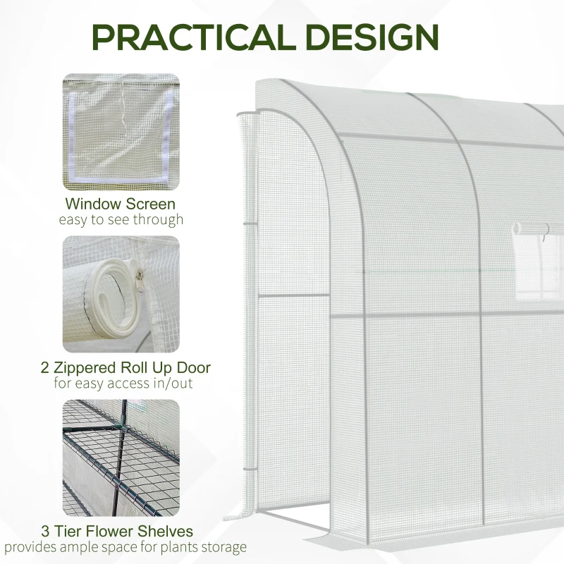 Outsunny Walk-In Lean to Wall Greenhouse with Windows and Doors, Outdoor Green House with 3 Tiers 4 Wired Shelves, 200L x 100W x 215Hcm, White