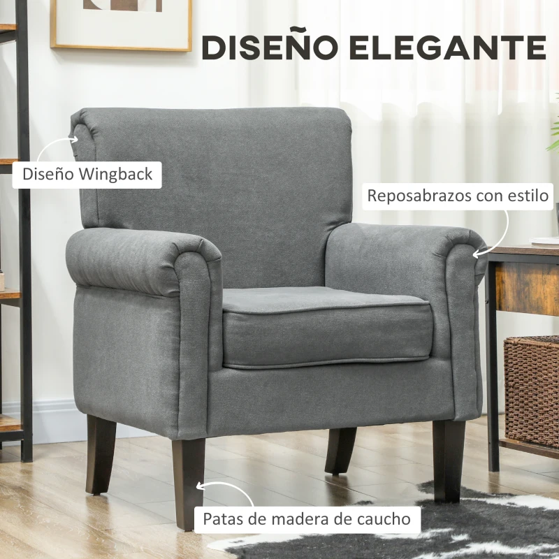 HOMCOM Butaca de Salón Tapizada en Tela Sillón Relax con Reposabrazos Asiento Extraíble para Dormitorio 79x72,5x88 cm Gris