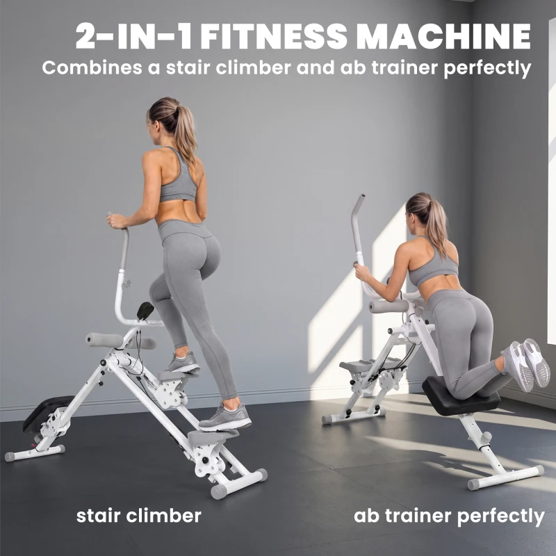 SPORTNOW 2-in-1 Ab Machine and Stair Stepper, Foldable Ab Trainer and Climbing Machine with LCD Monitor for Home Gym, White