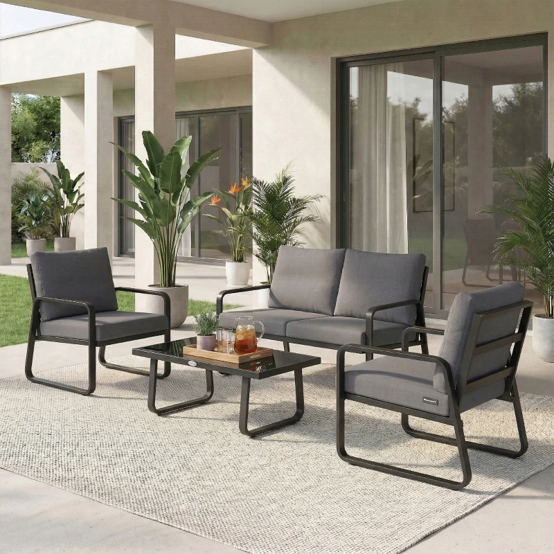 Outsunny Salon de Jardin 4 Pièces avec Coussins Déhoussables Très Épais 10cm Table Basse en Verre Trempé Noir