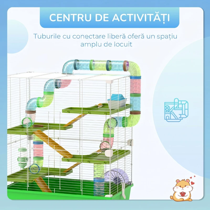 PawHut Cușcă pentru Hamsteri cu 5 Niveluri, cu Tuburi, Căsuță, Rezervor și Roată, din Oțel, PP și PS, 59x36x69 cm, Verde și Alb
