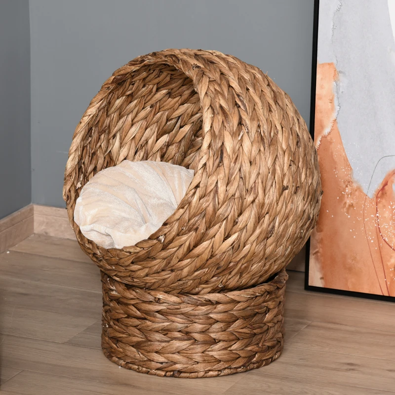 PawHut Wicker Cat Bed, Raised Rattan Cat Basket with Cylindrical Base, Soft Washable Cushion, 50 x 42 x 60 cm - Brown