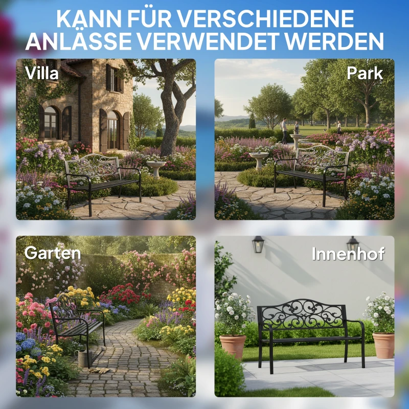 Outsunny 2-Sitzer Gartenbank Parkbank mit ausziehbarem Tisch Sitzbank Bank 240kg belastbar Terrassenbank mit Rücken- & Armlehnen Gartenmöbel für Terrasse, Garten Außenbereich 150x58,5x90 cm Schwarz