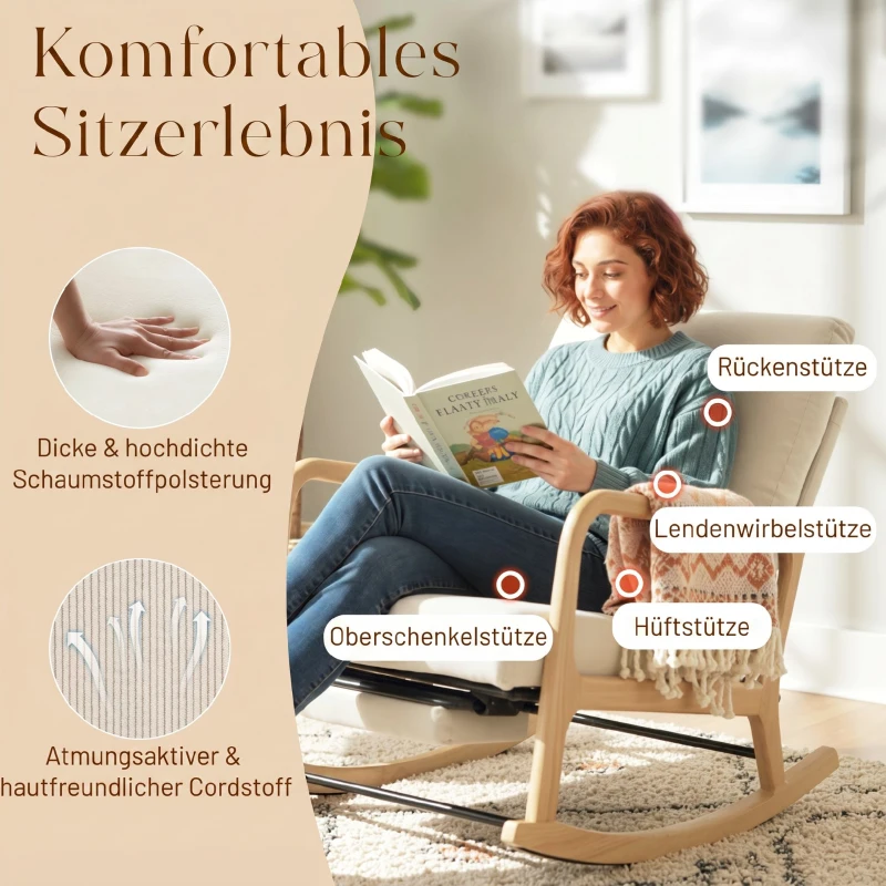 HOMCOM Schaukelstuhl Schaukelsessel mit Fußstütze verstellbar Rückenlehne Lendenkissen für Wohnzimmer, Schlafzimmer, Creme