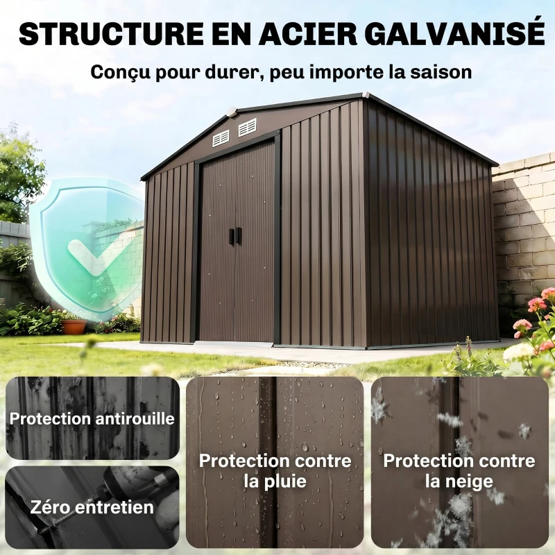 Outsunny Abri de jardin 5,4 m² 2,77 x 1,95 x 1,92 m kit de fondation porte coulissante ventilations acier galvanisé, marron