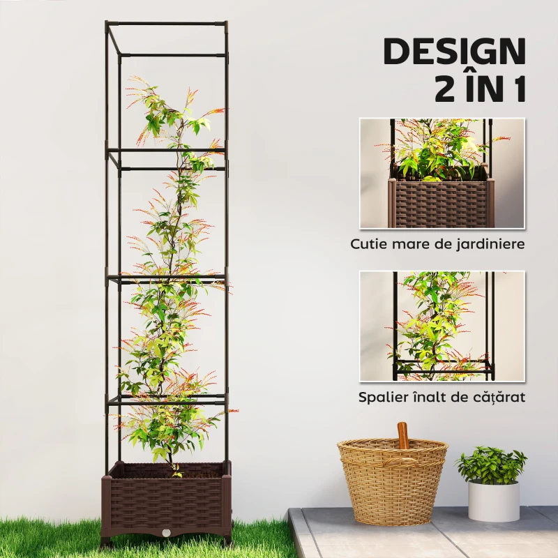 Outsunny Jardinieră Înălțată cu Spalier 20L, Roți Blocabile și Sistem de Autoirigare, Maro