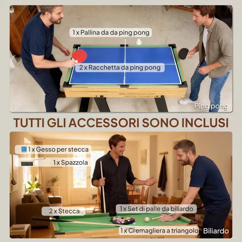 SPORTNOW Tavolo da Gioco 13 in 1 Pieghevole con Calciobalilla, Ping Pong, Hockey, Biliardo, Scacchi e Altri, Noce