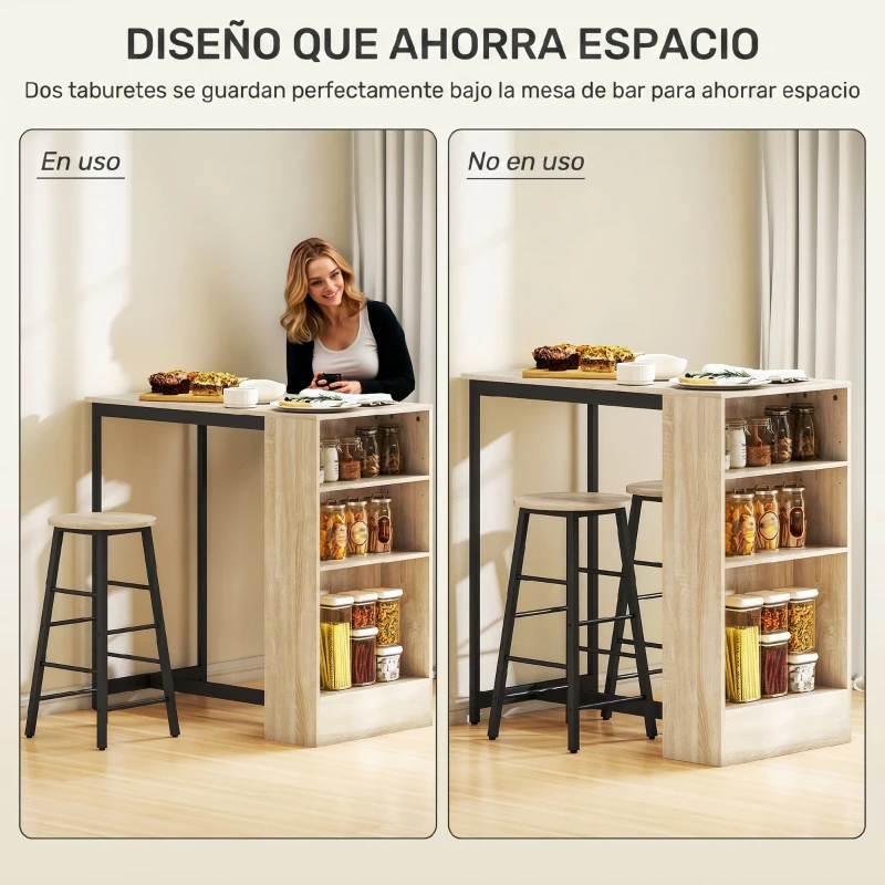 HOMCOM Conjunto Mesa Alta de Cocina con 2 Taburetes Reposapiés 3 Compartimentos Abiertos Estante Ajustable para Comedor Roble