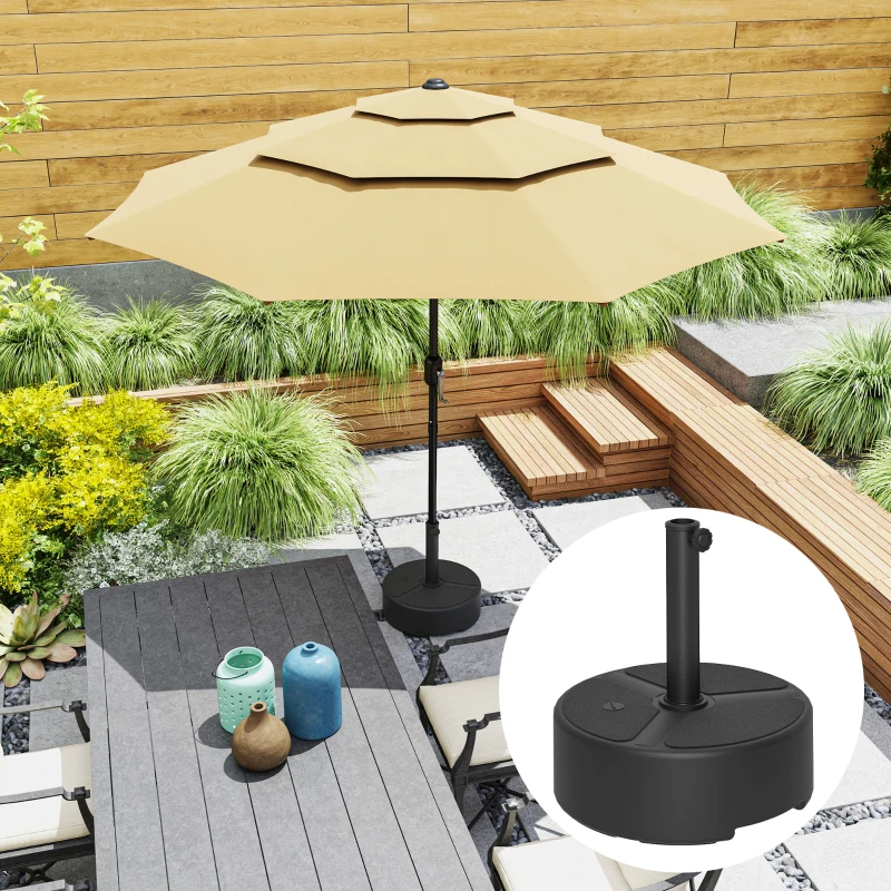 Outsunny Round Garden Parasol Base, Garden Umbrella Stand Heavy Duty Parasol Base, Filled Up to 20kg with Stand or 18kg with Water for 38, 48 mm Poles, Black