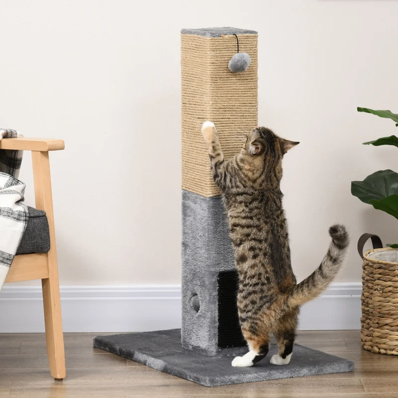 PawHut Albero Tiragraffi per Gatti con 2 Palline Giocattolo e Spazzola, in Legno, Iuta e Peluche, 59.5x39x79 cm, Grigio