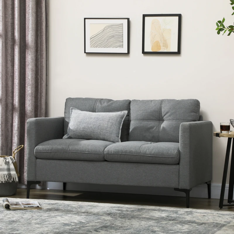 HOMCOM Canapé 2 places contemporain piètement métal noir tissu aspect lin gris foncé