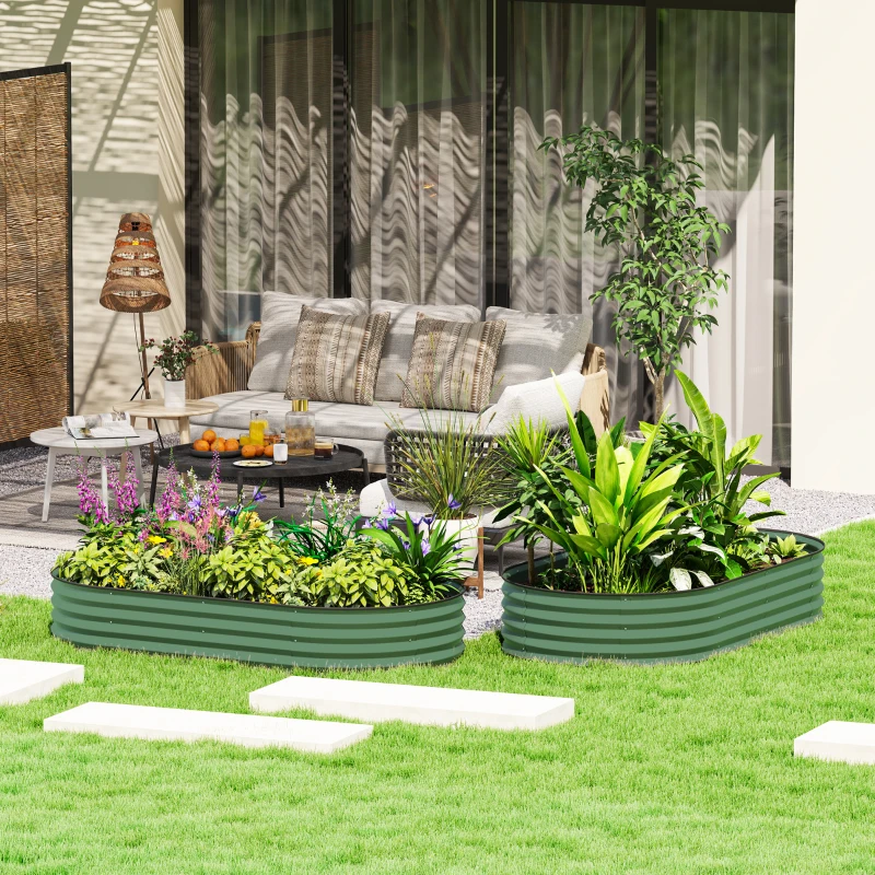 Outsunny 2er-Set Hochbeete für Garten, Outdoor-Pflanzenkübel mit offenem Boden, Gummirand, Metall, 181 x 93 x 30 cm, Grün