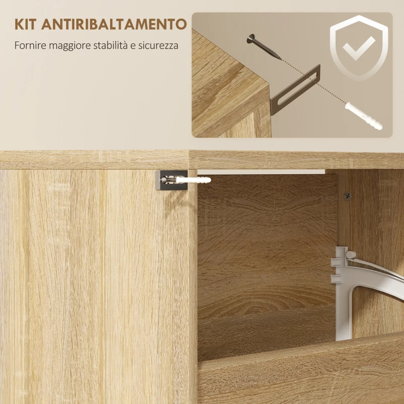 HOMCOM Scarpiera a Specchio a 4 Ante Antiribaltamento in Legno, 63x17x146 cm, color Legno