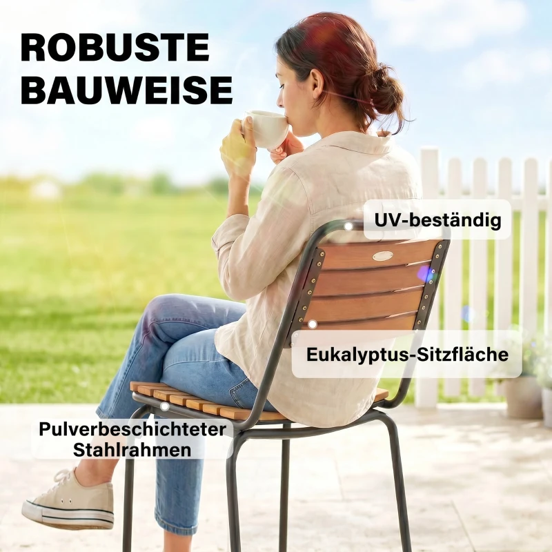 Outsunny Gartenstuhl 2er Set wetterfest Gartenstühle aus Stahl und Holz Stapelstuhl mit Rückenlehne bis 160kg belastbar Naturholz