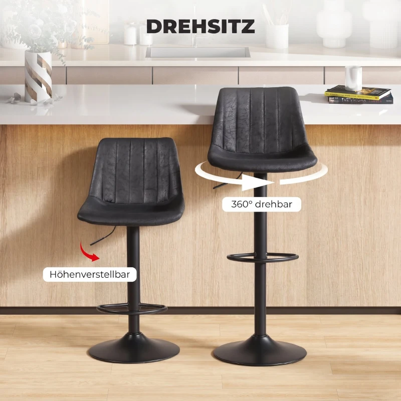 HOMCOM 2er-Set Barhocker im Retrodesign, inkl. Fußstütze, höhenverstellbar, Gaslift, Schwarz