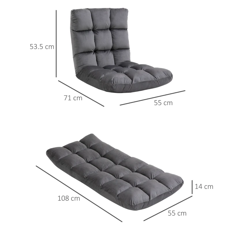 HOMCOM Fotoliu de Podea din Catifea cu Spătar Reglabil până la 180° și Tapițerie Groasă, 55x71x53.5cm, Gri Închis