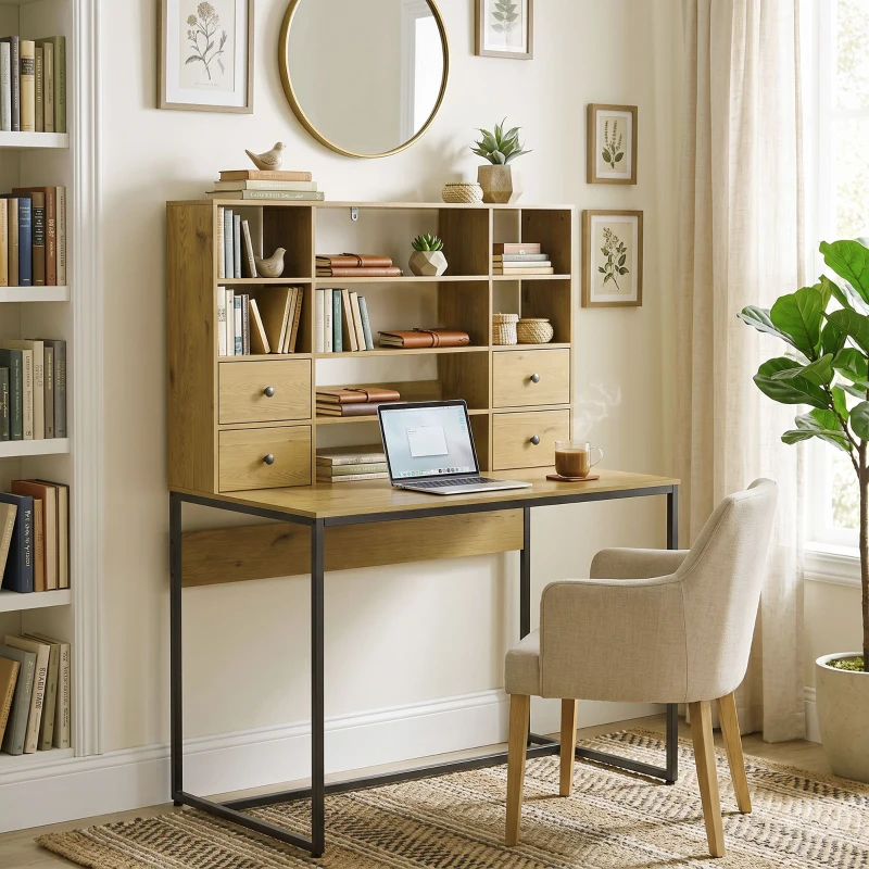 HOMCOM Computertisch mit 4 Schubladen und Regalen, Schreibtisch 105 cm, Naturholz