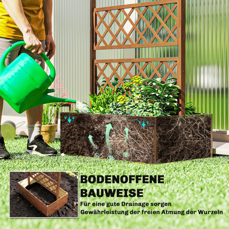 Outsunny Pflanzkasten mit Rankengitter, Eckige Pflanzenbox aus Holz mit Rückenspalier für Kletterpflanzen und Dach