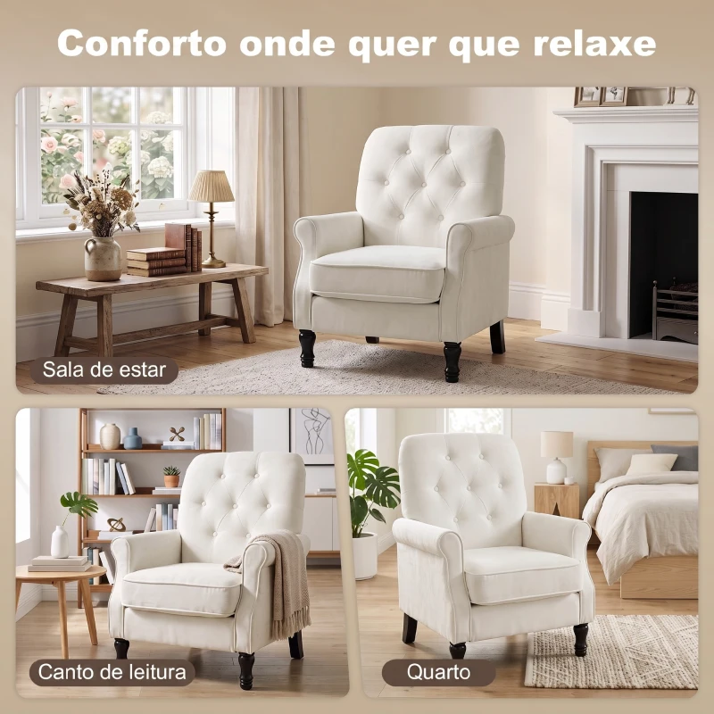 HOMCOM Sofá Individual Estofado em Linho Assento Acolchoado Espesso Encosto Capitonê Pés de Madeira Maciça Creme