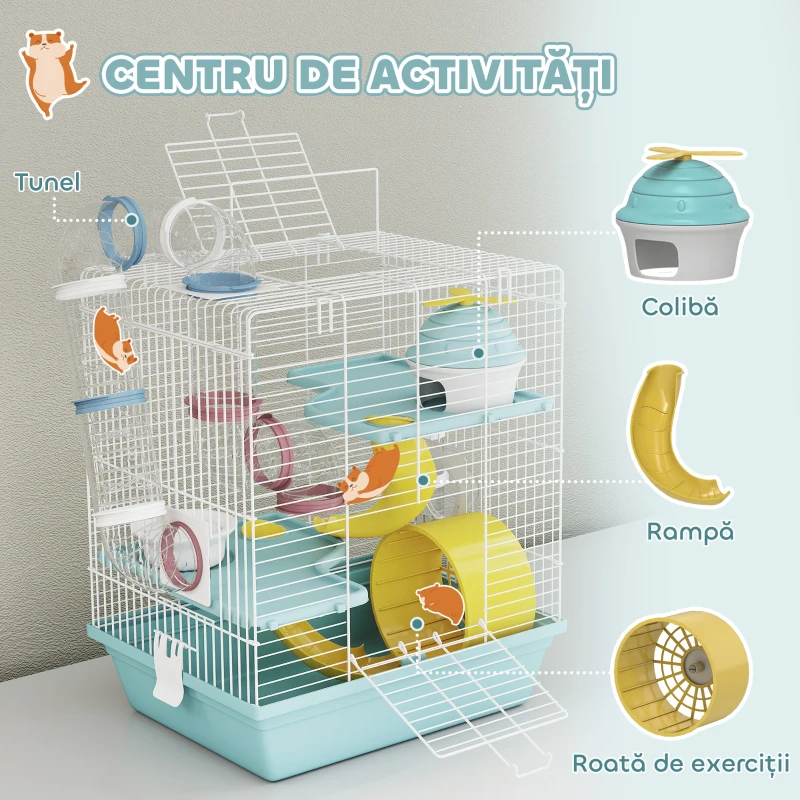 PawHut Cușcă pentru Hamsteri pe 3 Niveluri și 12 Tuburi cu Căsuță, Rampă, Boluri, Rezervor de Apă și Tavă Antipicurare, Cușcă pentru Hamsteri din Metal și Plastic, 34.5x27.5x41 cm, Albastru