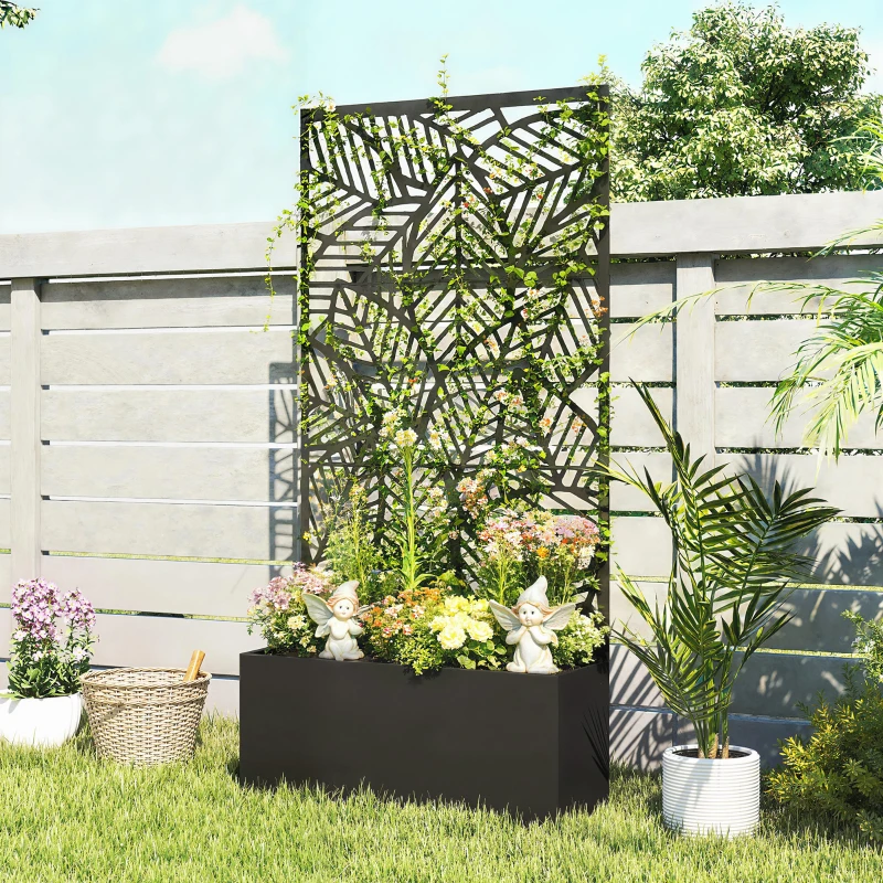 Outsunny Jardinière avec treillis, bac à fleurs, lit surélevé avec brise-vue, pour plantes grimpantes métal 90 x 30 x 170 cm noir