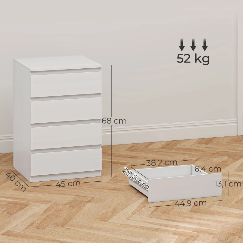 HOMCOM Cómoda 4 Cajones con Cierre Suave Cajonera para Salón Oficina Estilo Moderno 45x40x68 cm Blanco