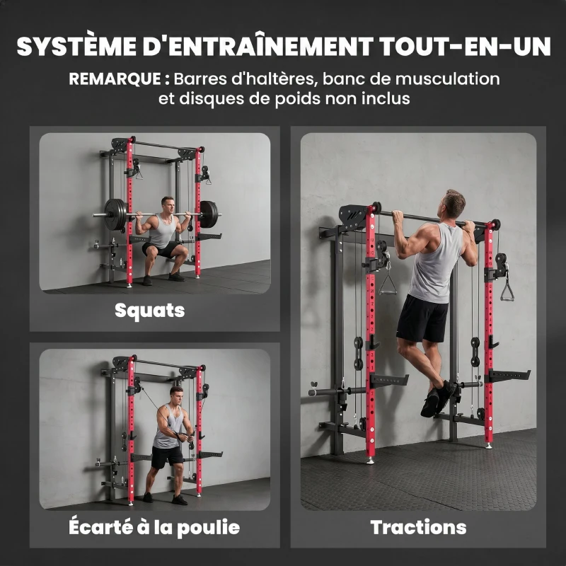 SPORTNOW Station de Musculation Pliable 700 kg Hauteurs Réglables avec Poulies Doubles, Supports de Barre, 184x123x209cm, Rouge