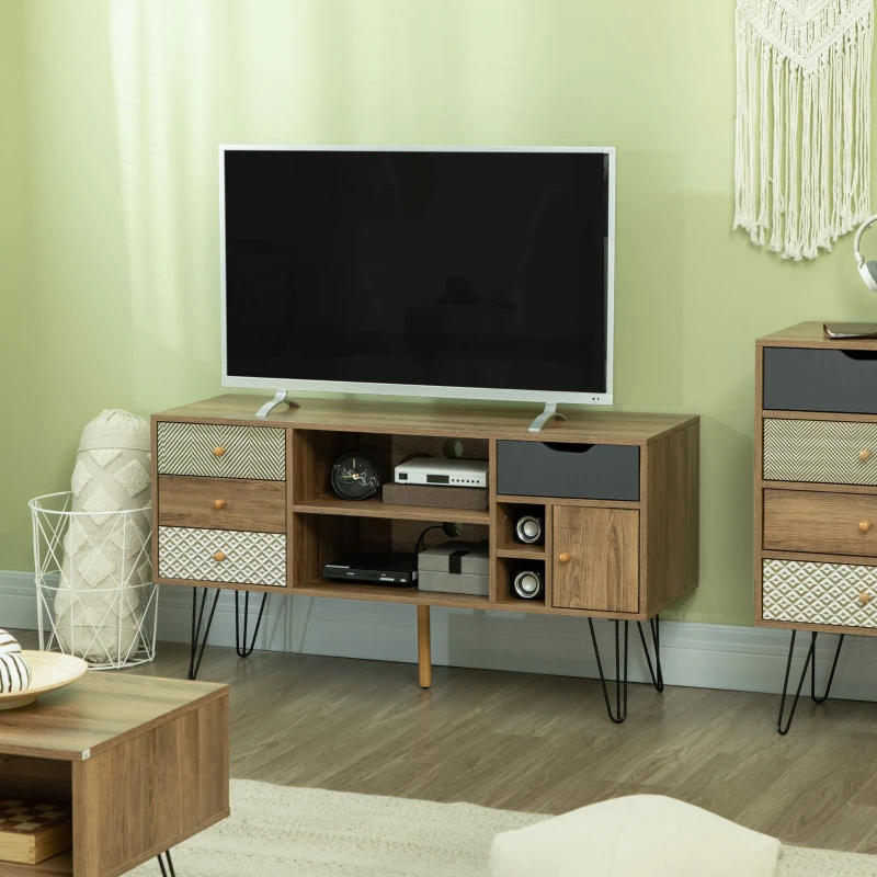 HOMCOM Mueble de TV Estilo Boho con Estantes 4 Cajones y Patas de Metal Mesa para TV de hasta 50'' 120x39x64 cm Marrón