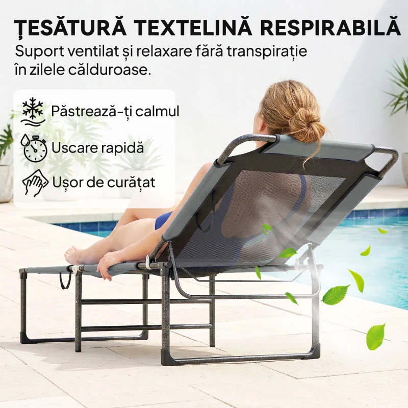 Outsunny Șezlong de Exterior Reglabil 4 Poziții, Scaun Pliabil cu Mâner, Gri.