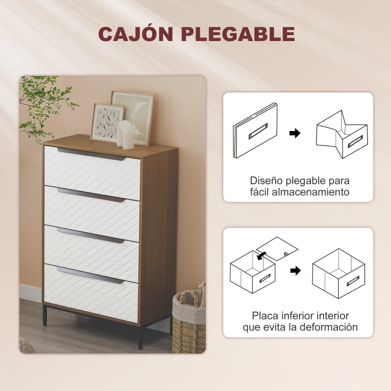 HOMCOM Cómoda con 4 Cajones de Tela Frentes con Patrón de Diamante para Salón Oficina Vestidor Natural y Blanco