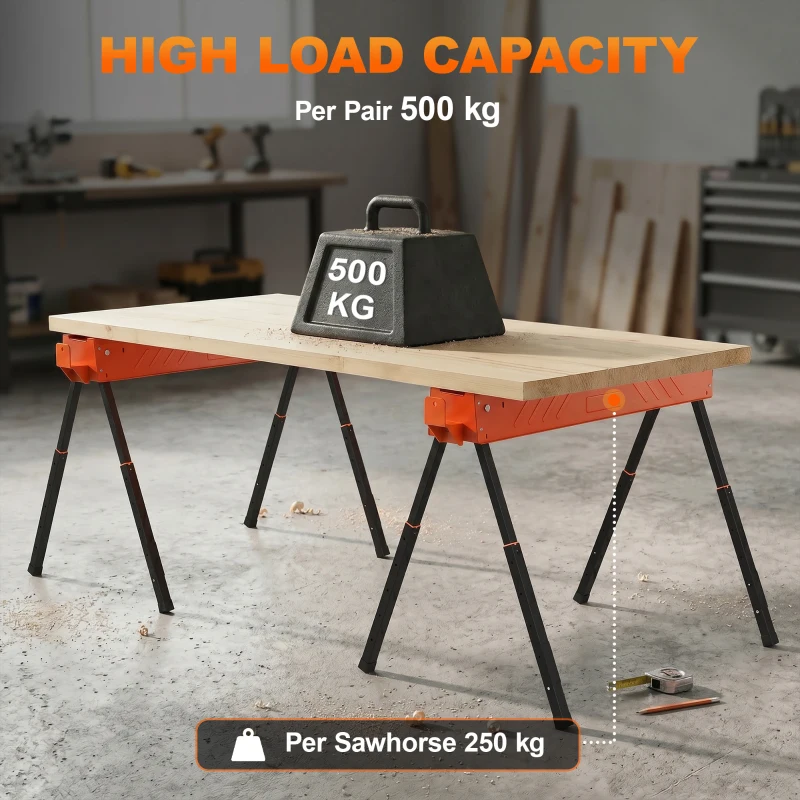 HOMCOM Saw Horses Twin Pack, Folding Work Bench Sawhorses with Height Adjustable Legs, 2x4 Bracket, Orange