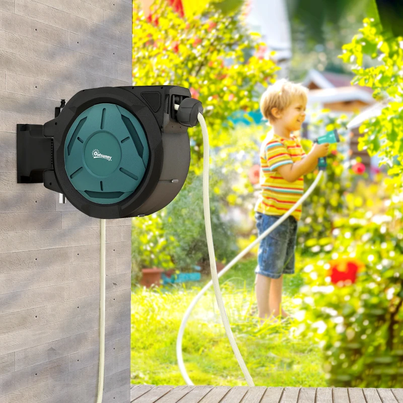 Outsunny Retractable Hose Reel Wall Mounted, 20+2m Garden Hose Pipe Reel with Lock, Auto Rewind, 7 in 1 Spray Nozzle, Includes Wall Fixings, 180° Swivel, Outdoor Watering, 54 x 20 x 39 cm, Black