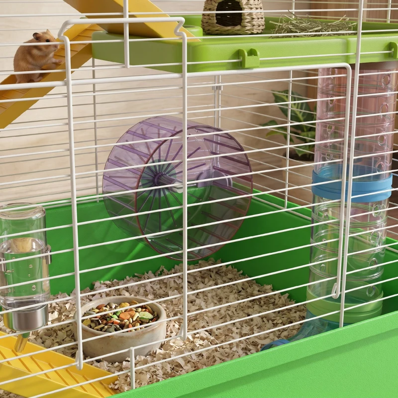 PawHut Cușcă pentru Hamsteri cu 5 Niveluri, cu Tuburi, Căsuță, Rezervor și Roată, din Oțel, PP și PS, 59x36x69 cm, Verde și Alb