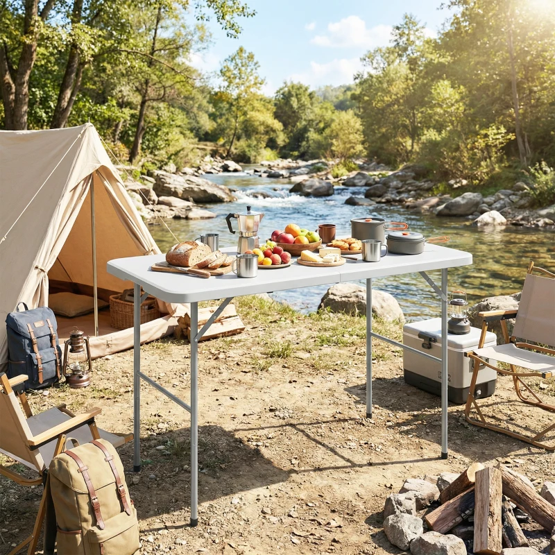 Outsunny Tavolo da Campeggio Pieghevole a 2 Altezze con Maniglia, in HDPE, 120x60x74 cm, Bianco