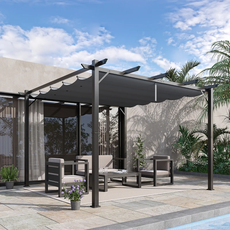 Outsunny Pérgola de Jardín 3x3 m con Techo Retráctil Protección UPF30+ Drenaje Marco de Aluminio para Patio Exterior Gris Oscuro