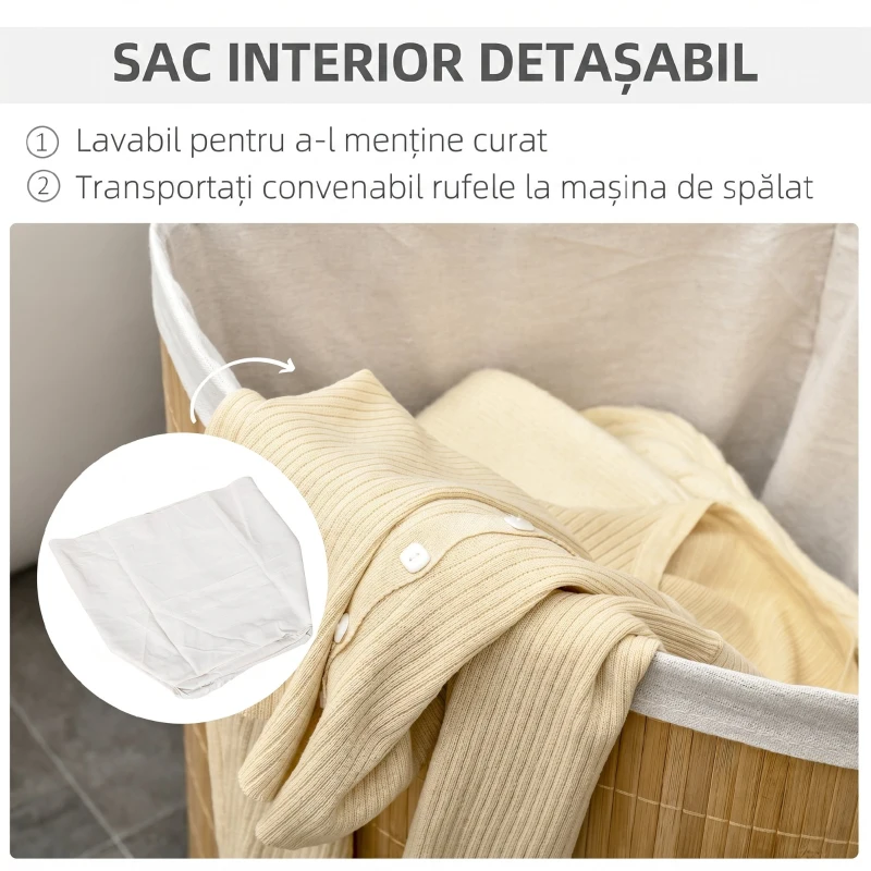 HOMCOM Coș pentru rufe cu capac triunghiular din bambus și țesătură, 38x38x57cm, culoare lemn