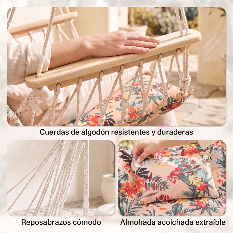Outsunny Silla Colgante Estampado Floral Hamaca con Cojín Reposacabezas para Interior Exterior 100x106 cm Carga Máx. 100 kg