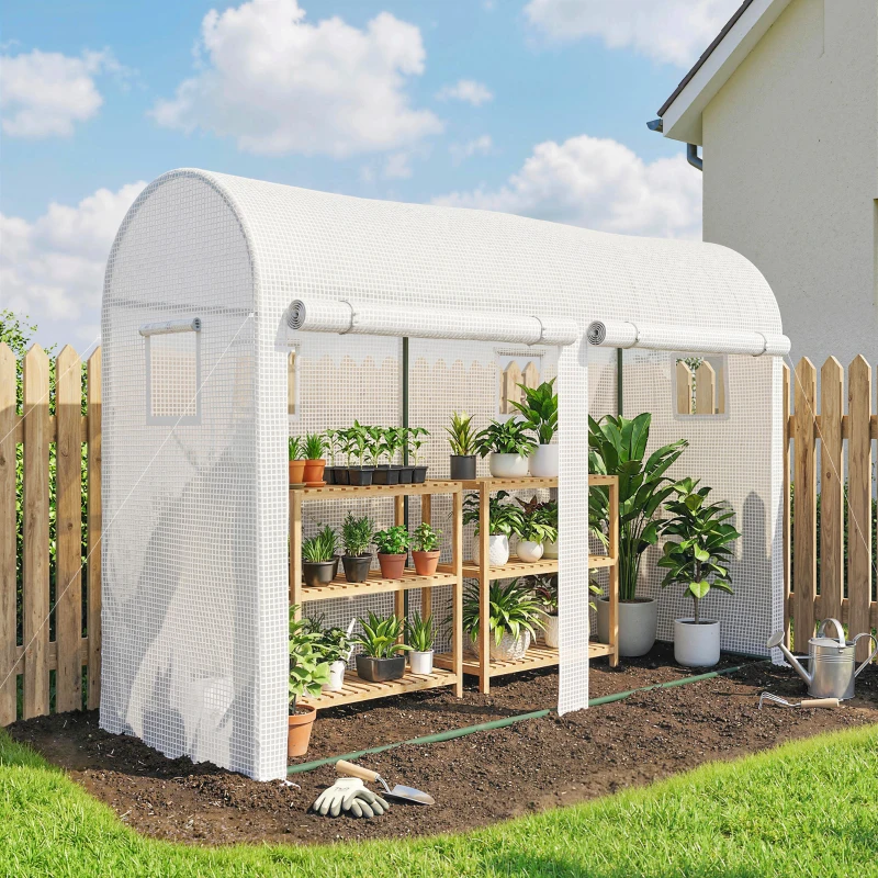Outsunny Serre de Jardin, Petite Serre de Balcon en Bâche PE Châssis Acier, Portes et Fenêtres Roulantes 300 x 100 x 200 cm blanc