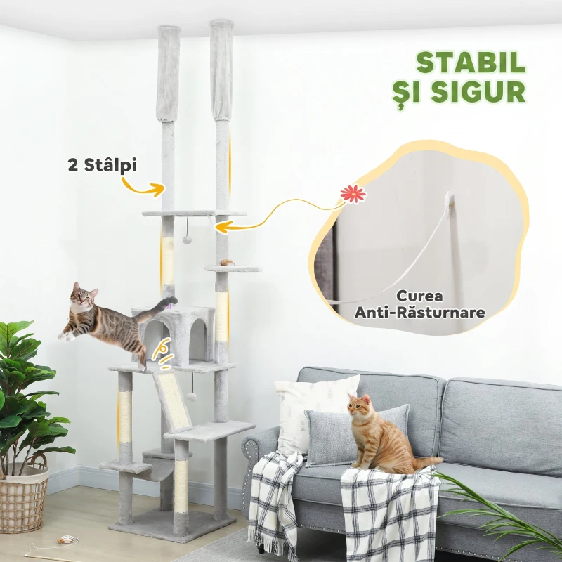 PawHut Copac pentru Pisici cu Fixare pe Tavan, Înălțime Reglabilă 225-255 cm cu Căsuță și Hamac, Gri Deschis