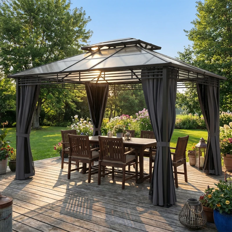 Outsunny Gartenpavillon ca. 3,6x3m Aluminium Pavillon mit 6 mm Polycarbonat-Doppeldach Moskitonetz 4 Seitenteile Dunkelgrau