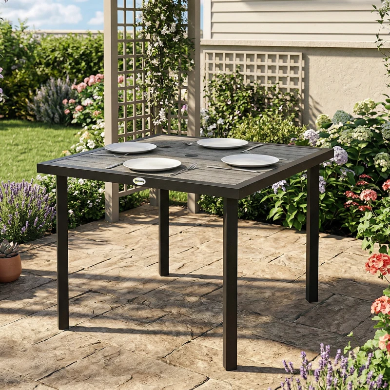 Outsunny Square Garden Dining Table with Parasol Hole, Slatted Top, Metal Frame, 86 x 86 x 71 cm, Light Grey
