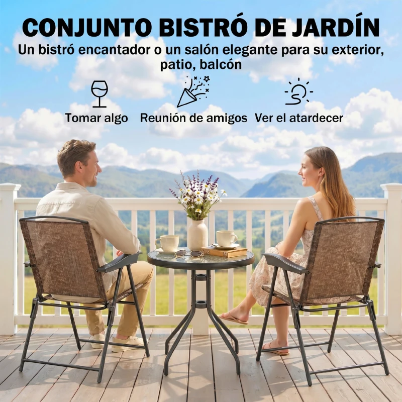 Outsunny Conjunto Mesa y 2 Sillas Muebles para Jardín Exterior Patio Terraza Silla Plegable Respaldo Reclinable a 4 Niveles Texteline Marco Acero Marrón
