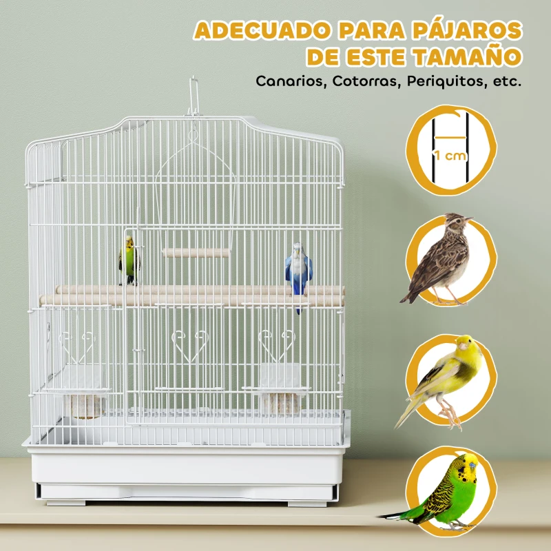 PawHut Jaula para Pájaros Pajarera de Acero con 2 Comederos 2 Perchas Columpio y Bandeja Extraíble Asa 46,5x36x59 cm Blanco
