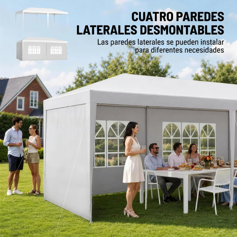 Outsunny Carpa de Jardín 6x3m con 4 Paredes Laterales 2 Ventanas Visibles Cenador Gazebo de Exterior para Fiestas Eventos Blanco