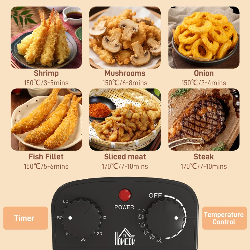 HOMCOM 5 Litre Deep Fat Fryer Stainless Steel with Adjustable Temperature, 60min Timer, Removable Oil Basket, Viewing Window and Safety Cut Out, 2000W