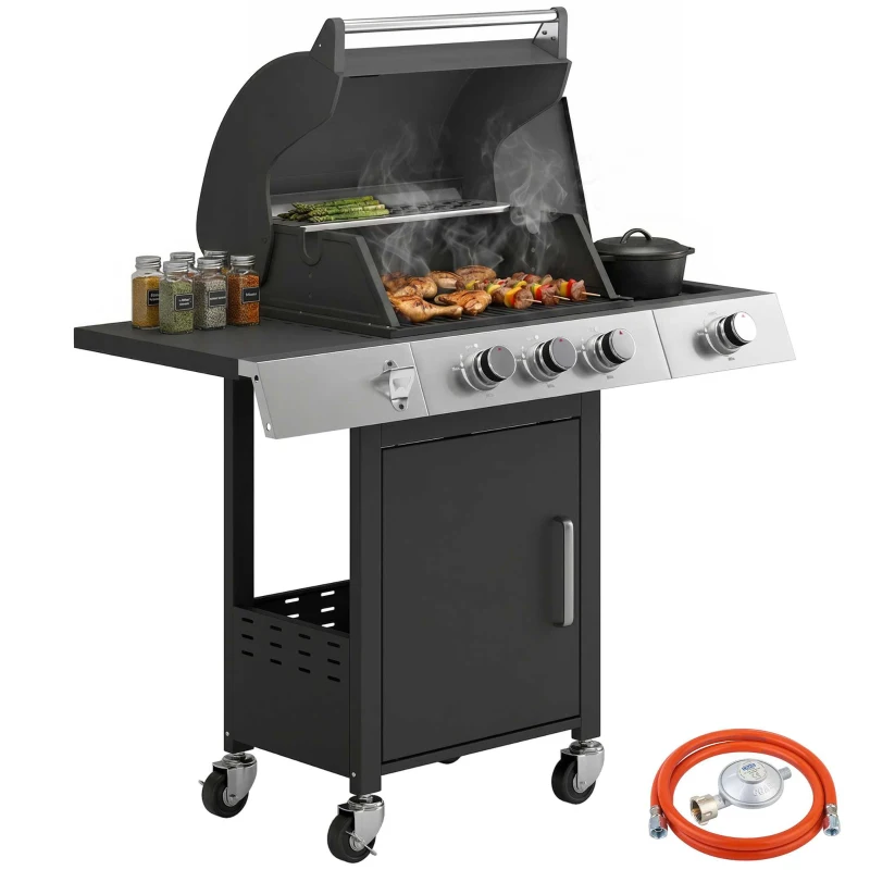 Outsunny Gasgrill 10,5 KW 3+1 Brenner BBQ Grillwagen Edelstahl inkl Seitenbrenner Flaschenöffner Thermometer Gusseisen-Grillrost