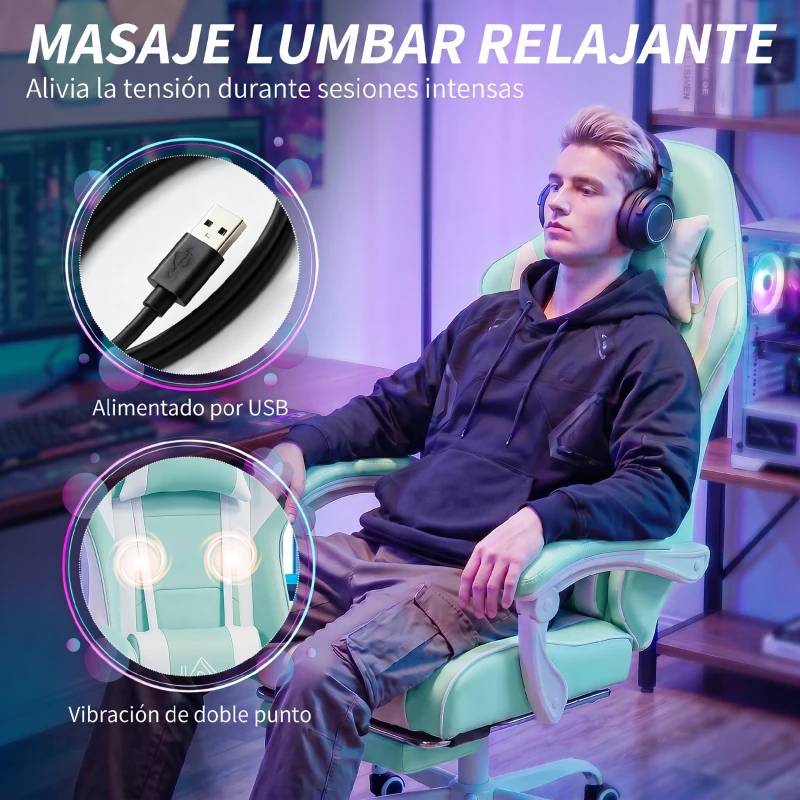 HOMCOM Silla Gamer con Lumbar Masaje Vibración Reclinable 155° Altura Ajustable Reposacabezas y Reposapiés Retráctil Azul